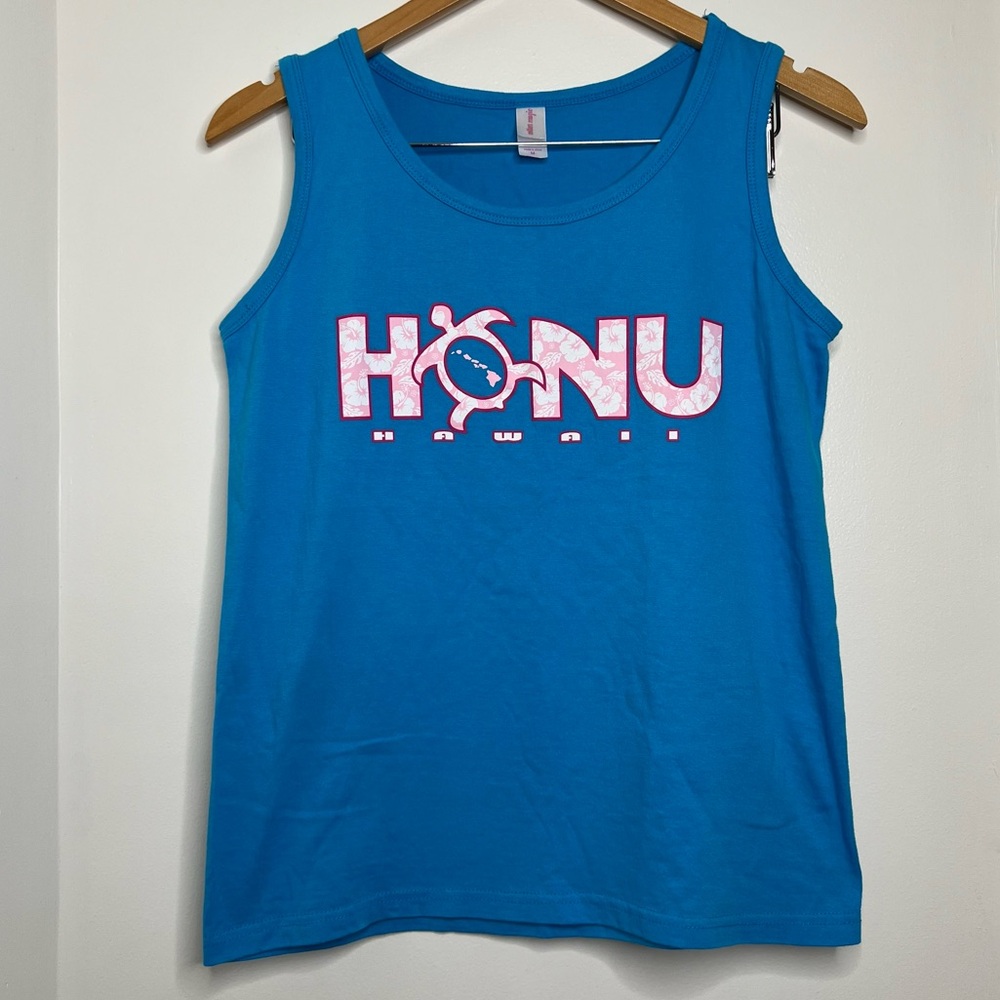 Cotton Magic Honu Turtle Hawaiian Tank Top Size Medium Blue Pink Floral